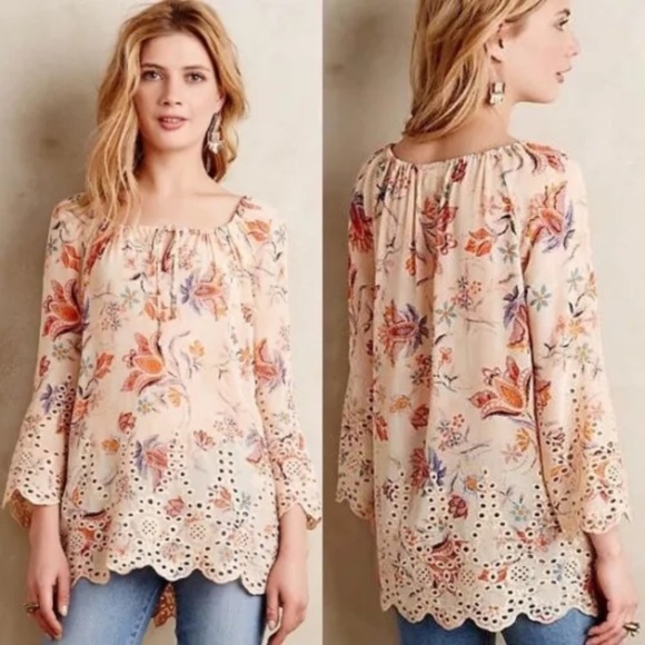 Anthropologie Meadow Rue Womens Scalloped Gardens Peasant‎ Blouse Size M - Picture 1 of 11